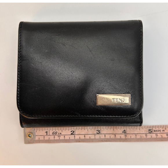 Fendi Black Leather Trifold Wallet GHW Coin Snap Authentic